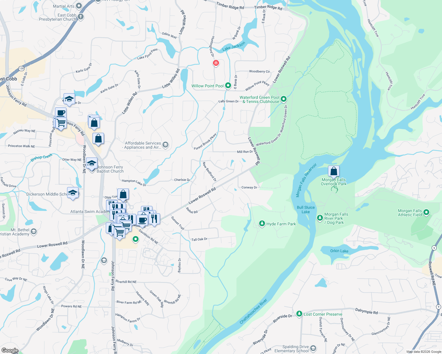 map of restaurants, bars, coffee shops, grocery stores, and more near 909 Forest Pond Dr in Marietta