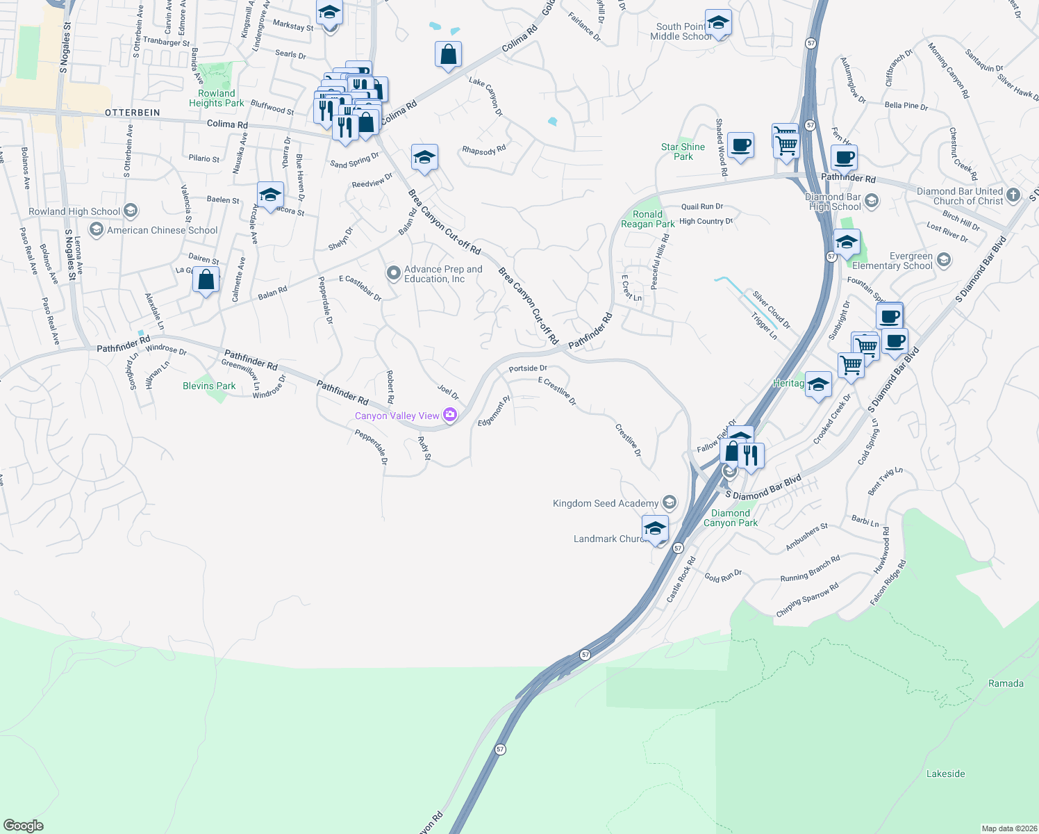 map of restaurants, bars, coffee shops, grocery stores, and more near 2768 South Hillrise Drive in Walnut