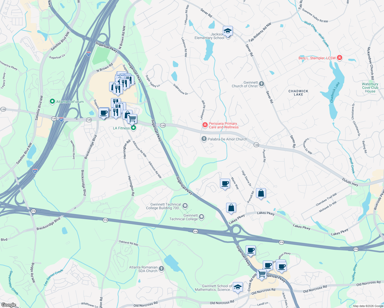 map of restaurants, bars, coffee shops, grocery stores, and more near 1571 Dehaven Ct in Lawrenceville