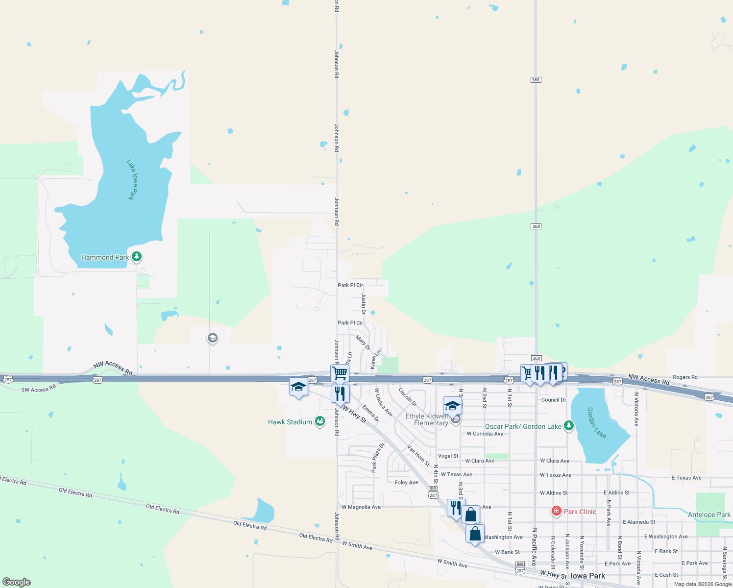 map of restaurants, bars, coffee shops, grocery stores, and more near 2 Brandon Court in Iowa Park