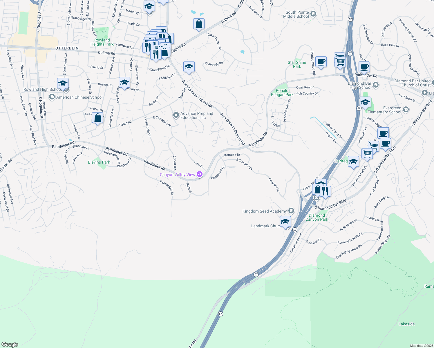 map of restaurants, bars, coffee shops, grocery stores, and more near 20233 Edgemont Place in Walnut