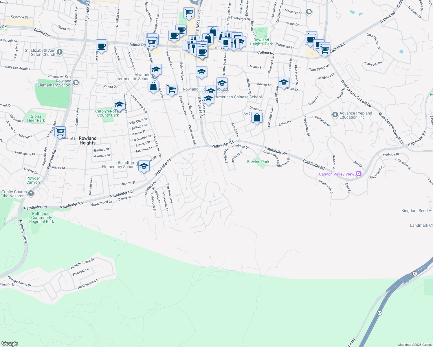 map of restaurants, bars, coffee shops, grocery stores, and more near 2386 Routh Drive in Rowland Heights