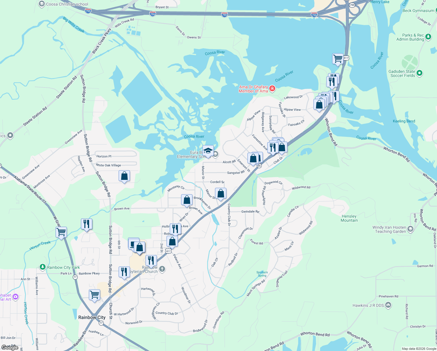 map of restaurants, bars, coffee shops, grocery stores, and more near 1252 Sangster Rd in Gadsden