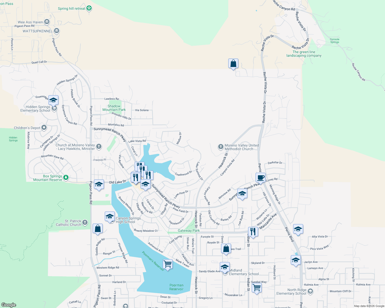 map of restaurants, bars, coffee shops, grocery stores, and more near 23953 Staghorn Cir in Moreno Valley