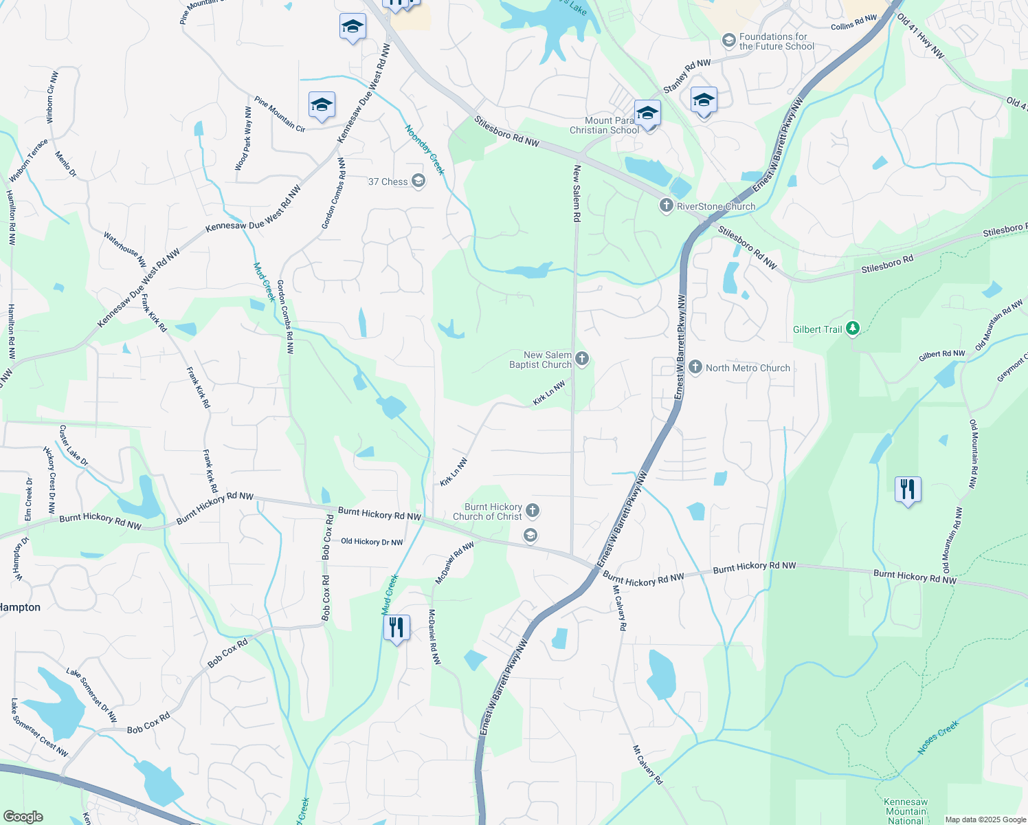 map of restaurants, bars, coffee shops, grocery stores, and more near 2417 Kirk Lane Northwest in Kennesaw