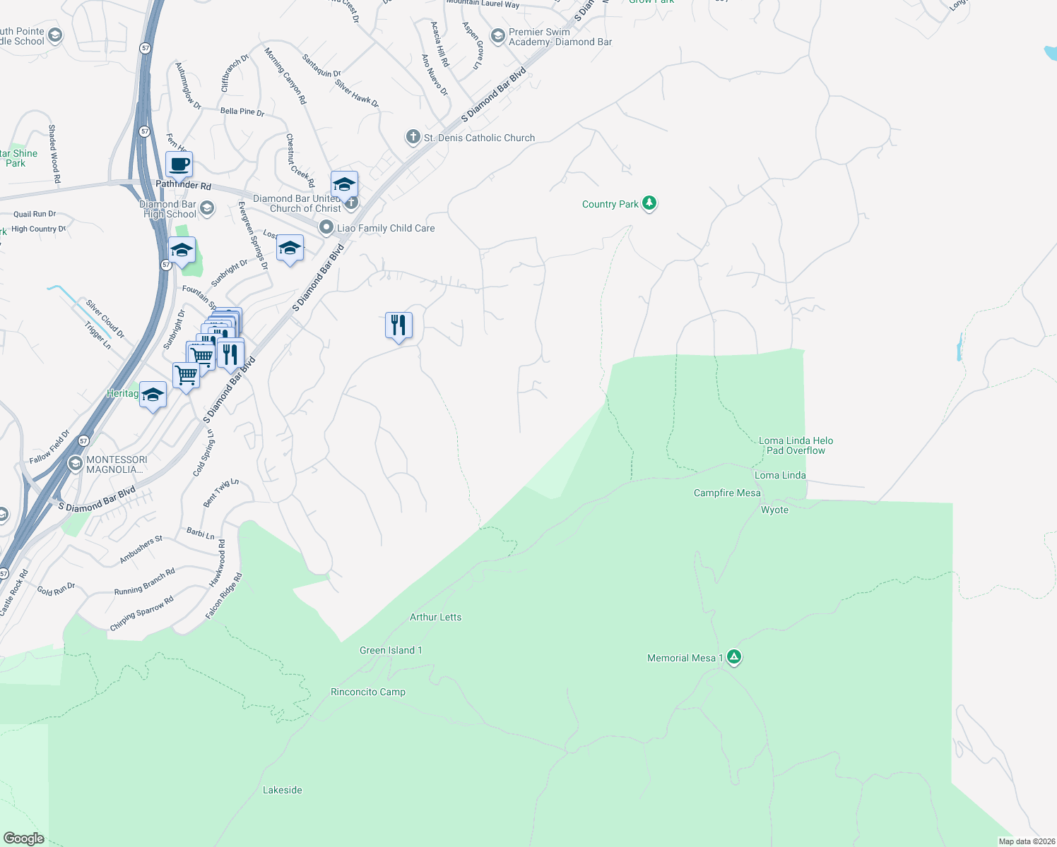 map of restaurants, bars, coffee shops, grocery stores, and more near 2898 Horizon Lane in Diamond Bar