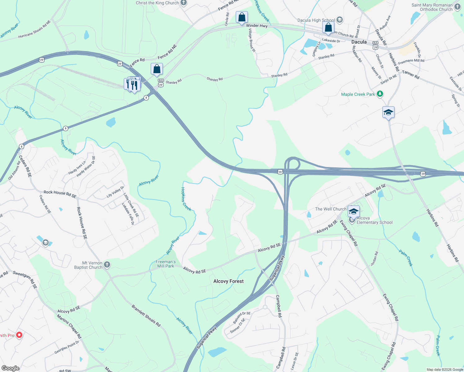 map of restaurants, bars, coffee shops, grocery stores, and more near 2086 Alcovy Trace Way in Lawrenceville