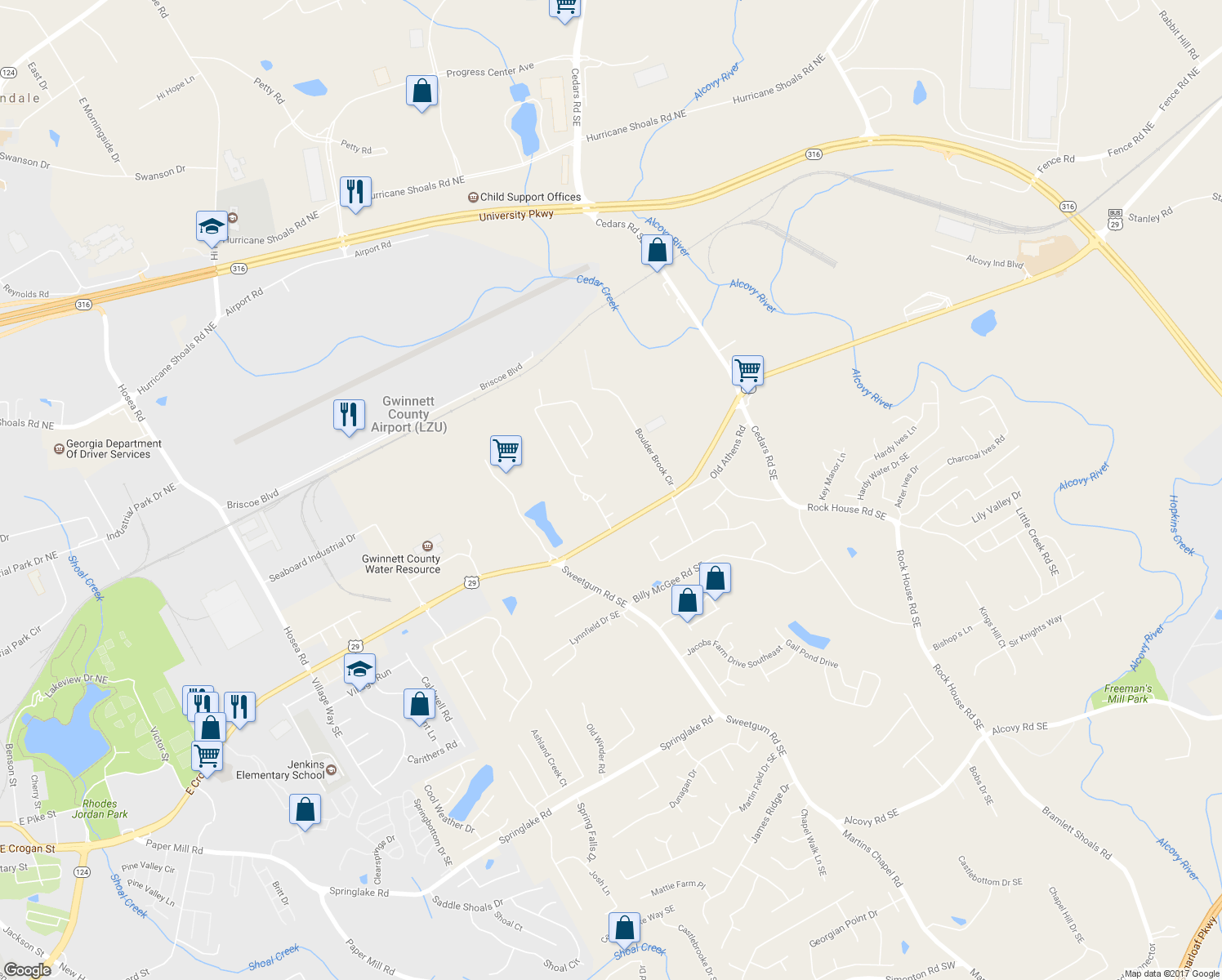 map of restaurants, bars, coffee shops, grocery stores, and more near 1013 Galloway Ridge Court Northeast in Lawrenceville