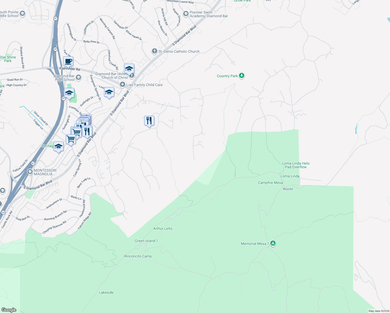 map of restaurants, bars, coffee shops, grocery stores, and more near 2898 Horizon Lane in Diamond Bar