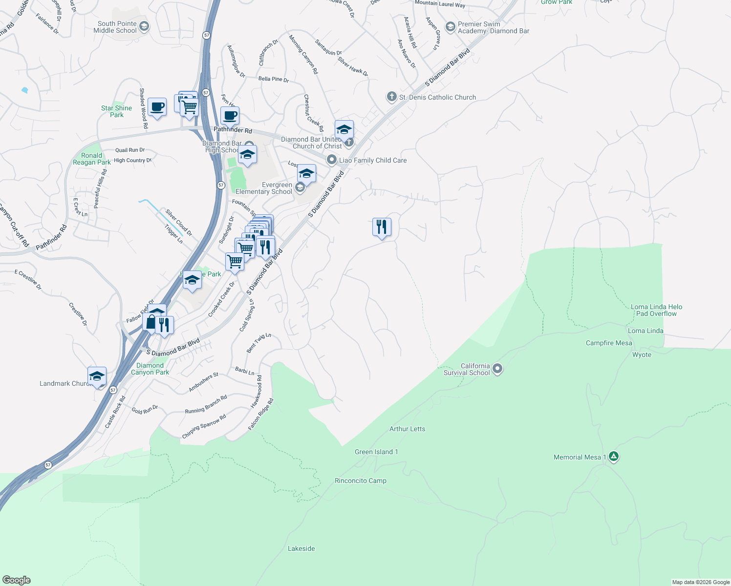 map of restaurants, bars, coffee shops, grocery stores, and more near 2809 Oak Knoll Drive in Diamond Bar