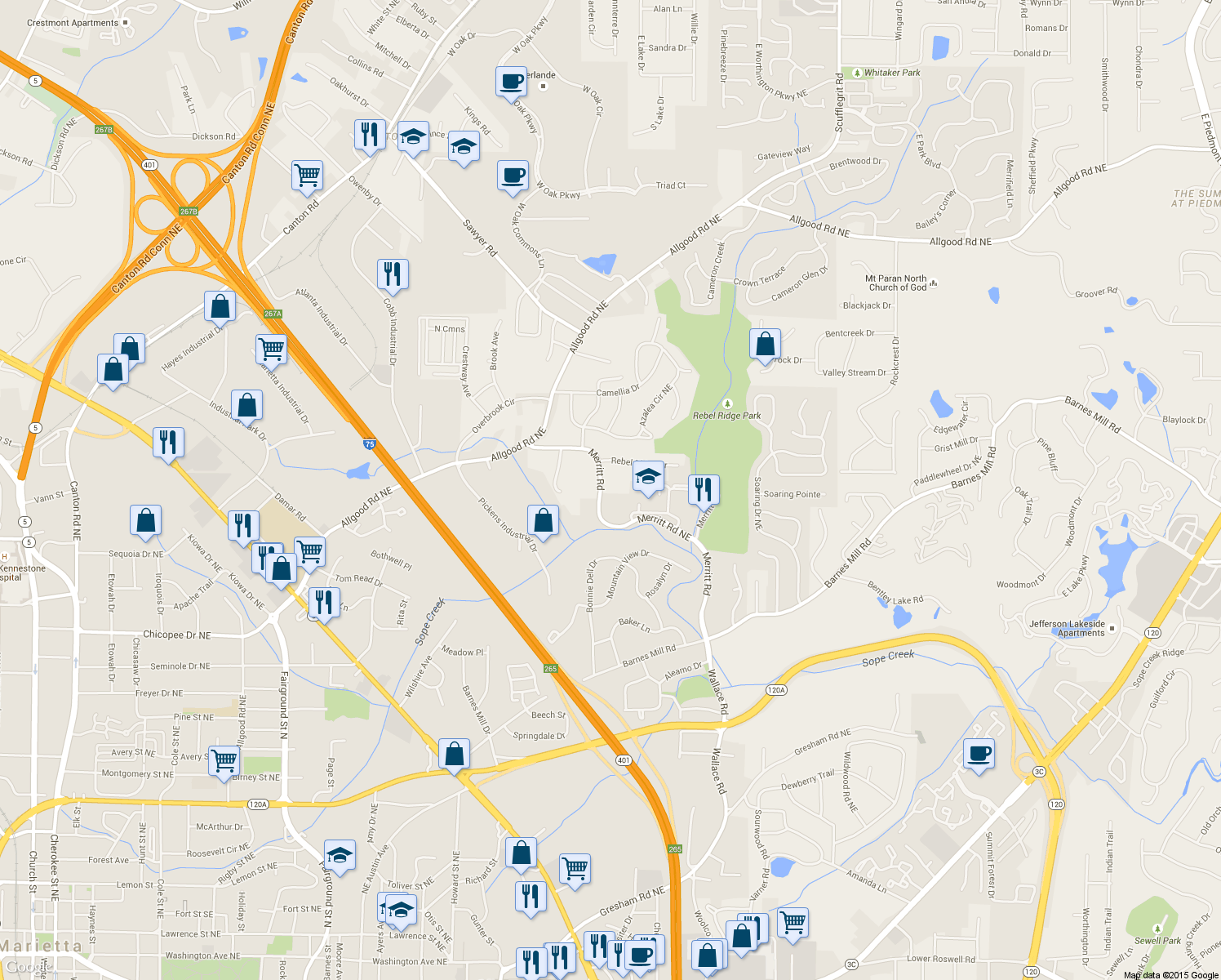 map of restaurants, bars, coffee shops, grocery stores, and more near 1087 Merritt Rd in Marietta