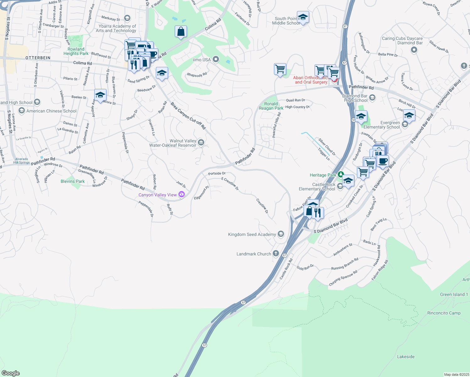 map of restaurants, bars, coffee shops, grocery stores, and more near 20412 East Crestline Drive in Walnut