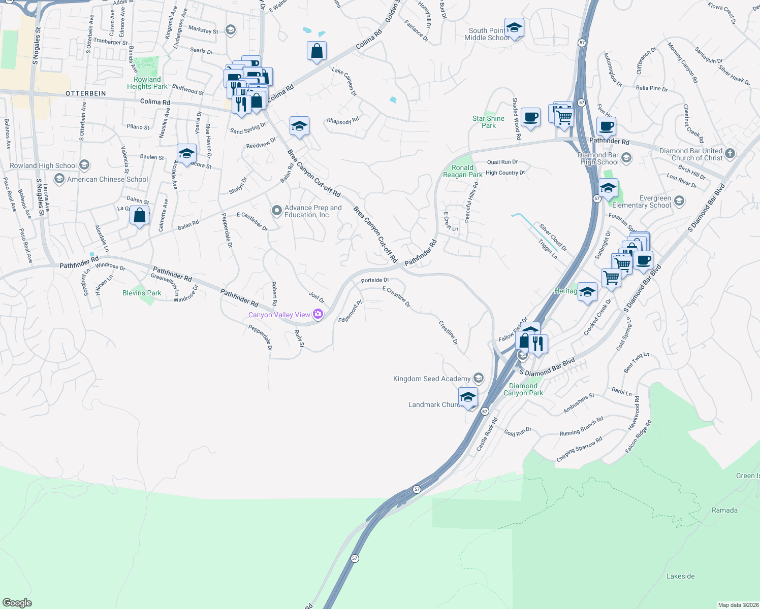 map of restaurants, bars, coffee shops, grocery stores, and more near 20344 Rimview Place in Walnut