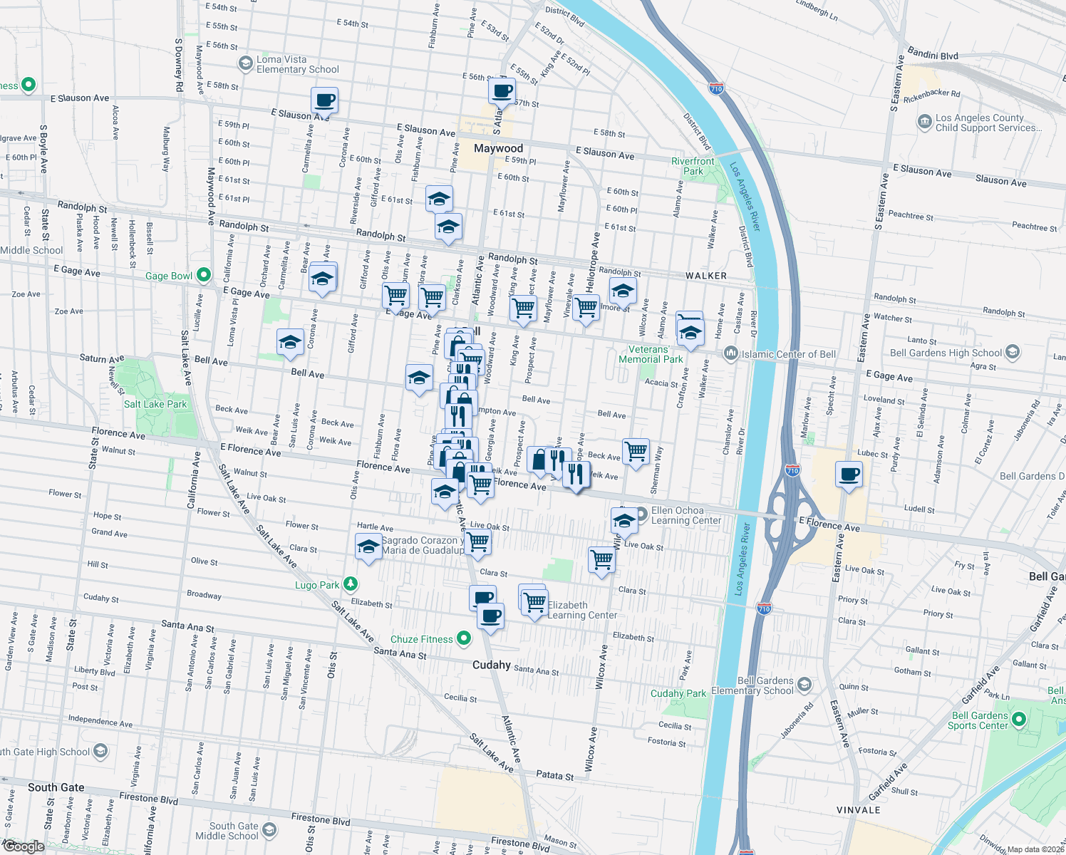 map of restaurants, bars, coffee shops, grocery stores, and more near 6837 Mayflower Avenue in Bell