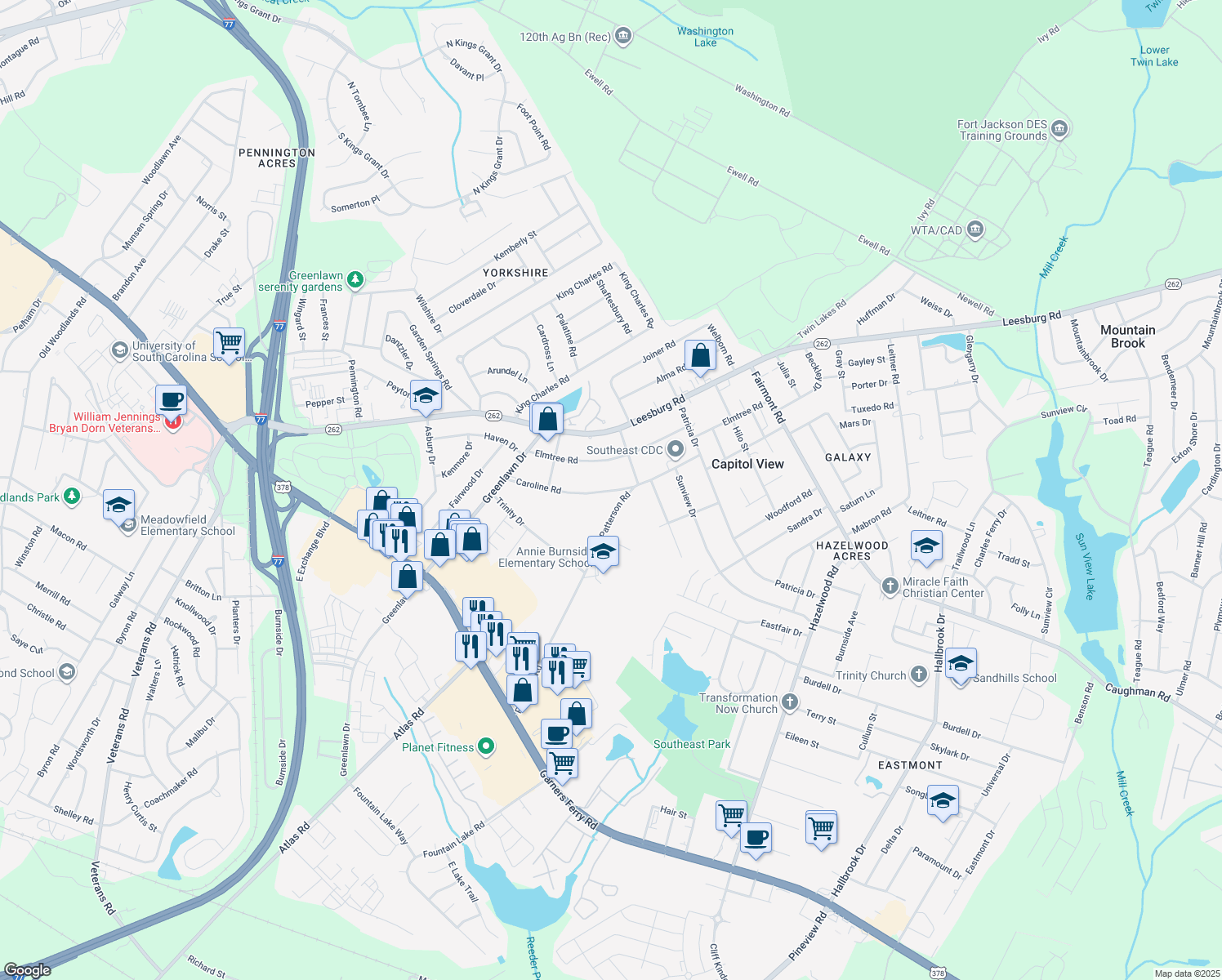 map of restaurants, bars, coffee shops, grocery stores, and more near 1475 Caroline Rd in Columbia