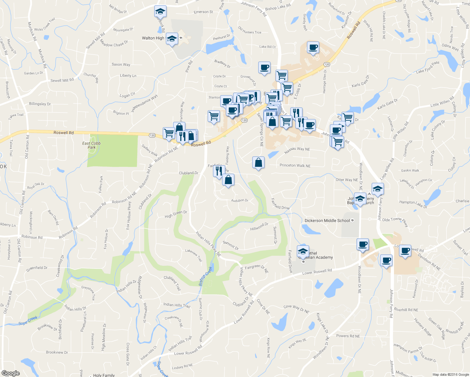 map of restaurants, bars, coffee shops, grocery stores, and more near 960 Muirfield Drive Northeast in Marietta