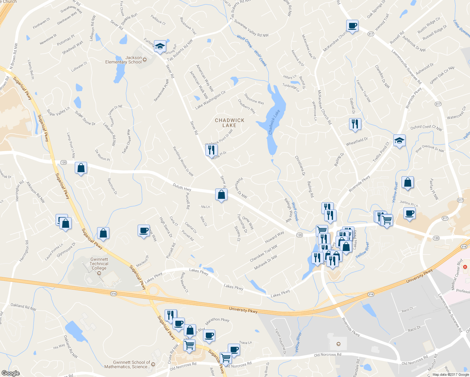map of restaurants, bars, coffee shops, grocery stores, and more near 1464 Yorktown Drive Northwest in Lawrenceville