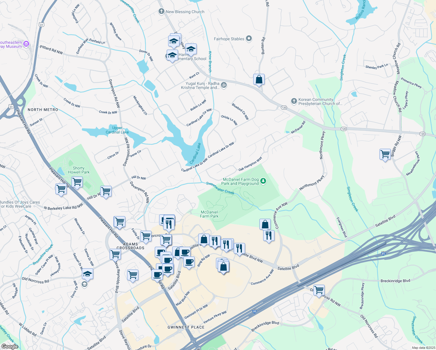 map of restaurants, bars, coffee shops, grocery stores, and more near 3202 Oaktree Court Northwest in Duluth