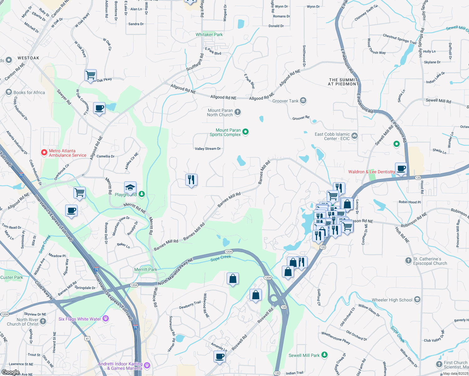 map of restaurants, bars, coffee shops, grocery stores, and more near 900 Mill Stone Drive in Marietta