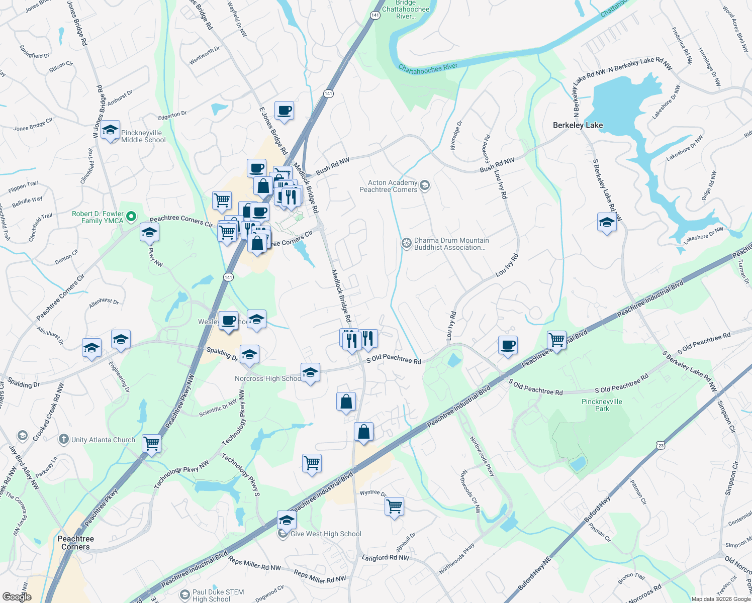 map of restaurants, bars, coffee shops, grocery stores, and more near 5090 Bankside Way in Norcross