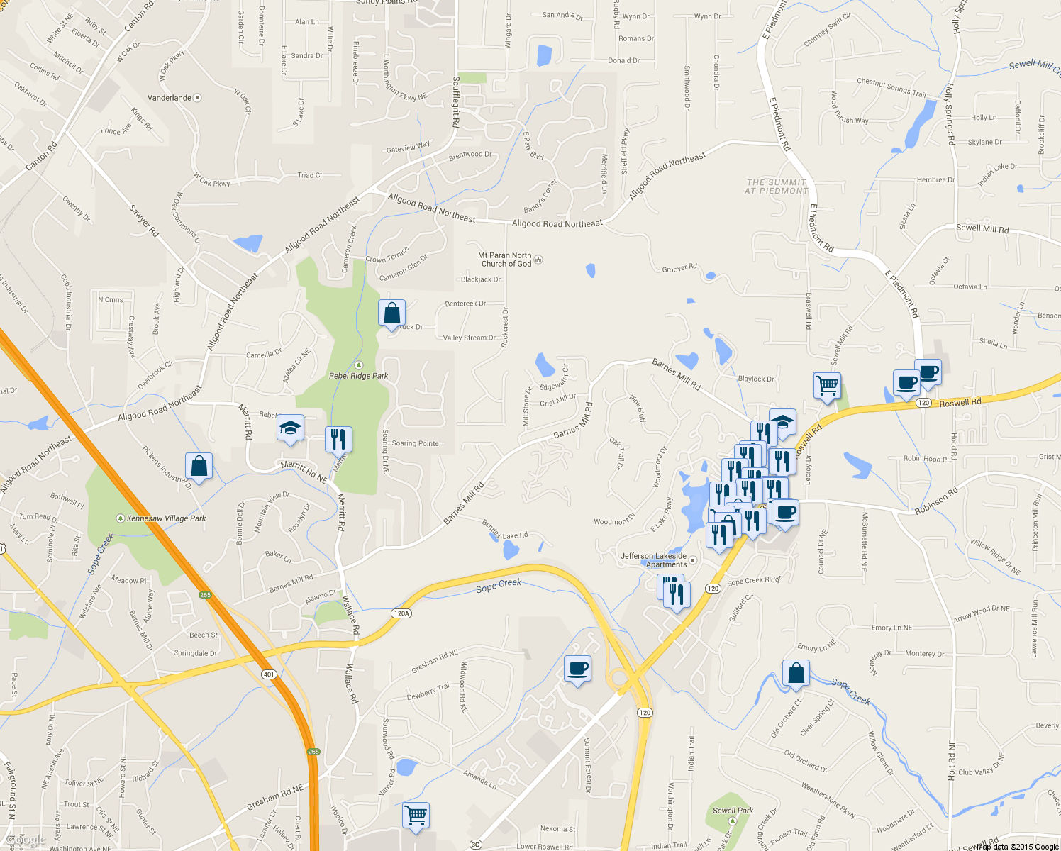 map of restaurants, bars, coffee shops, grocery stores, and more near 902 Mill Stone Drive in Marietta