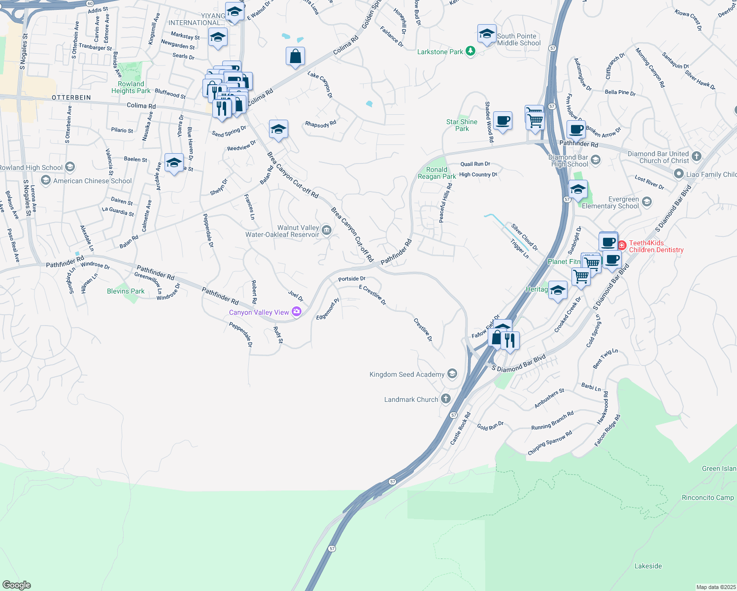 map of restaurants, bars, coffee shops, grocery stores, and more near 20354 East Crestline Drive in Walnut
