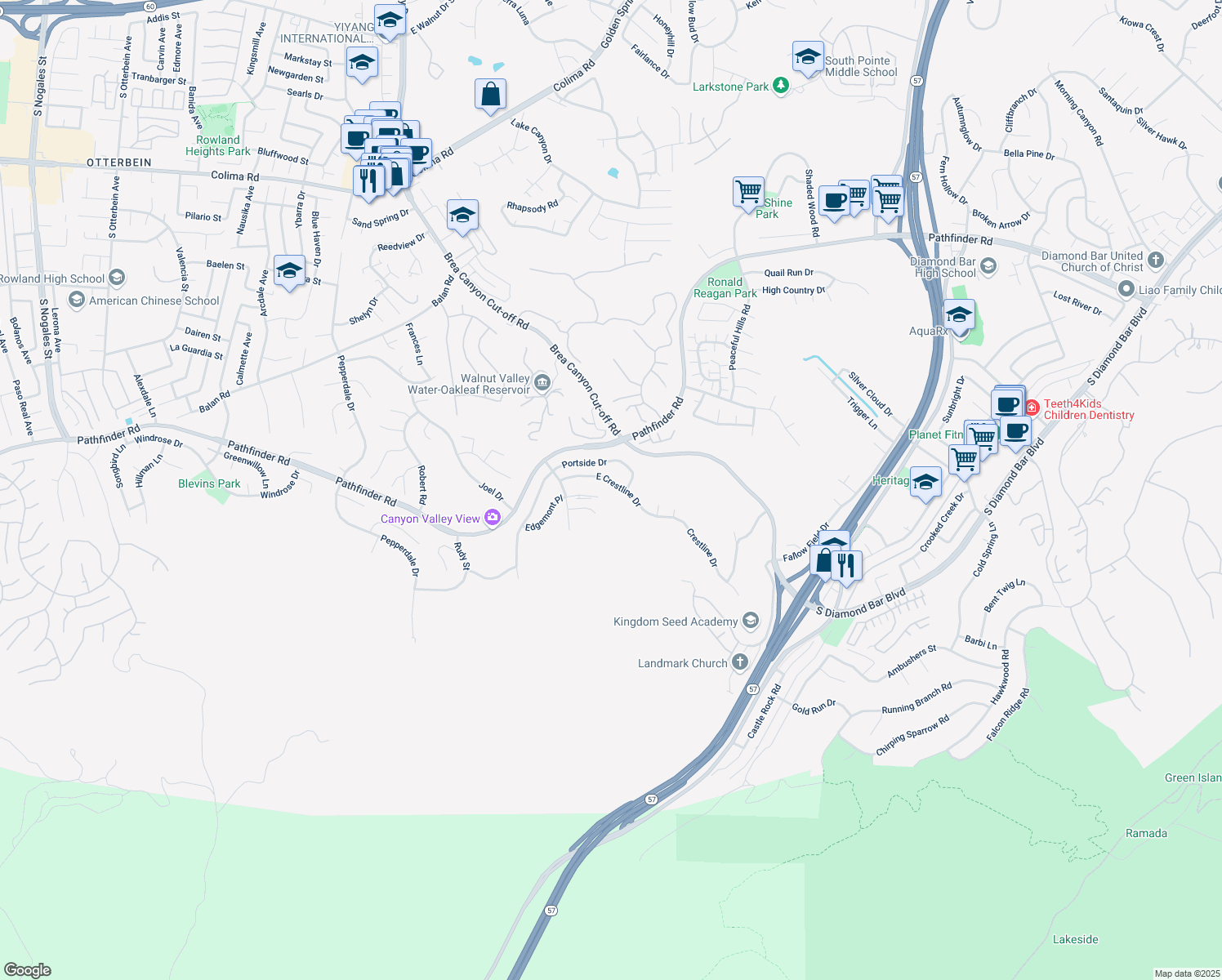 map of restaurants, bars, coffee shops, grocery stores, and more near 20354 East Crestline Drive in Walnut