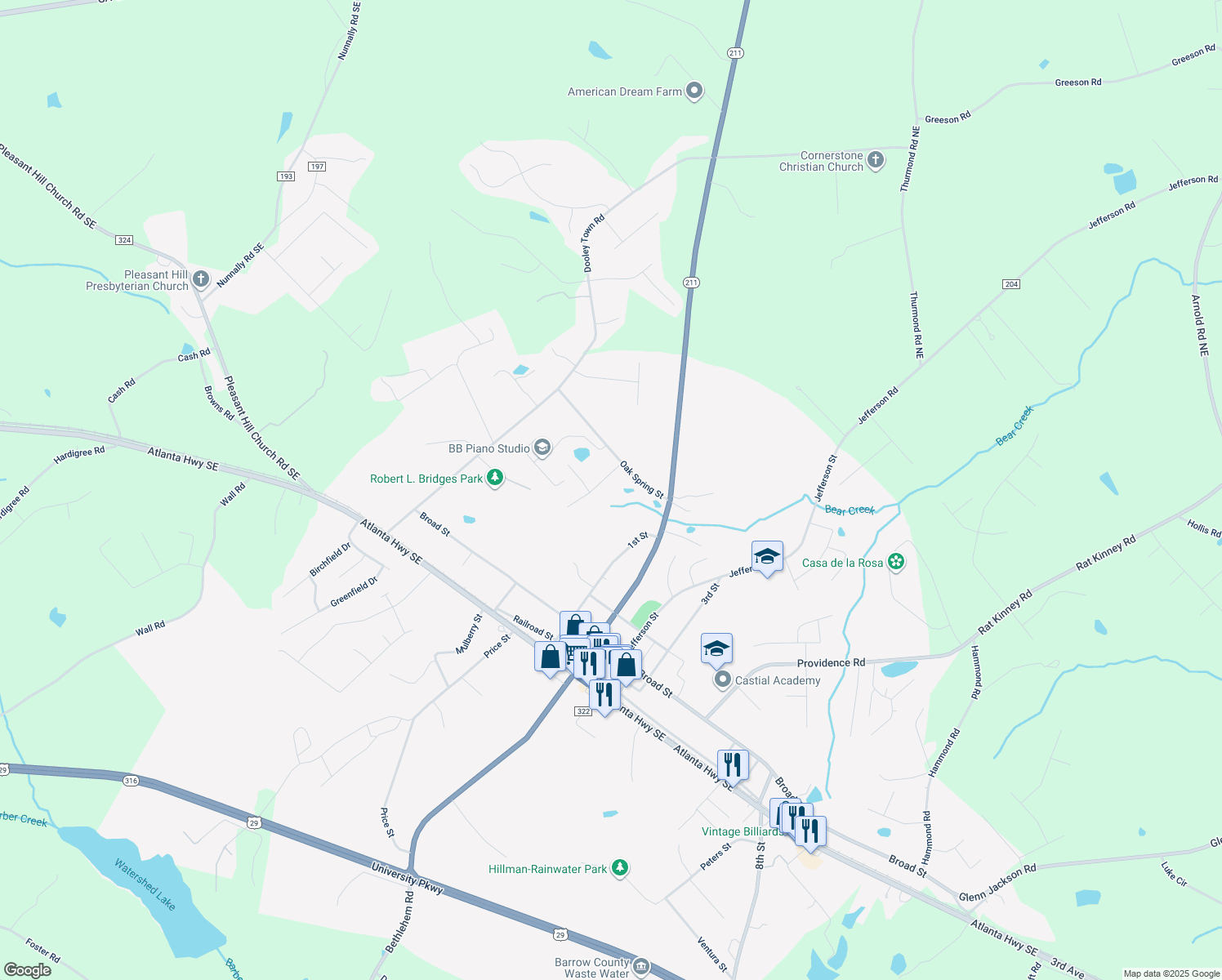 map of restaurants, bars, coffee shops, grocery stores, and more near 218 Baker Street in Statham