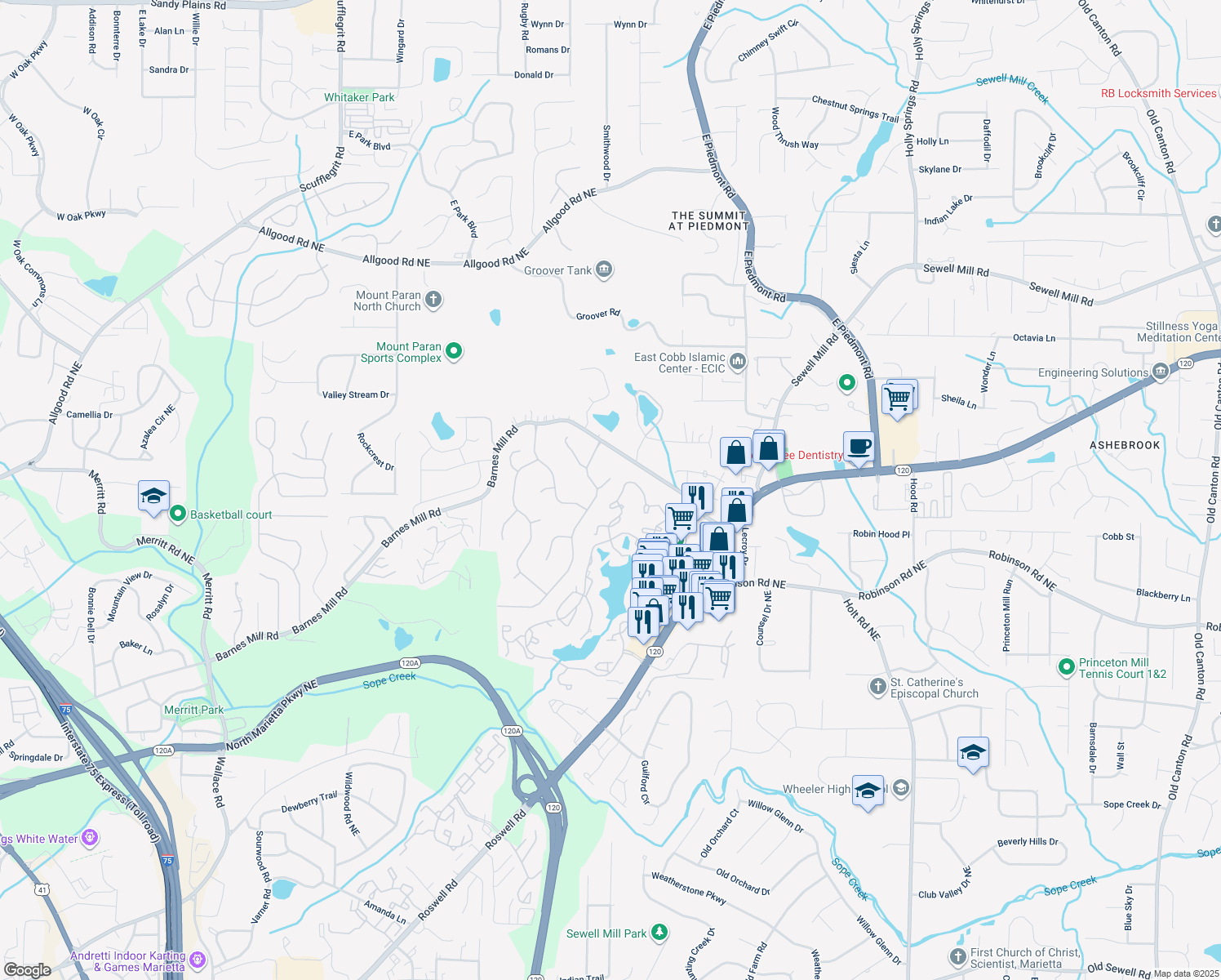 map of restaurants, bars, coffee shops, grocery stores, and more near 2022 Ramblewood Ct NE in Marietta
