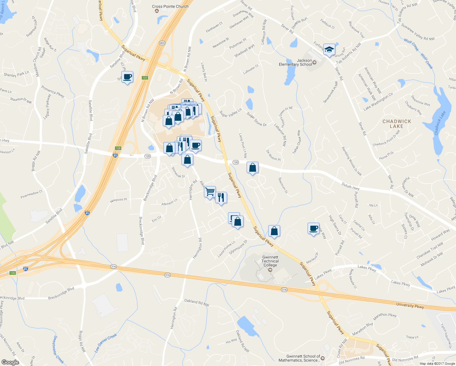 map of restaurants, bars, coffee shops, grocery stores, and more near 1875 Westfield Drive Northwest in Lawrenceville