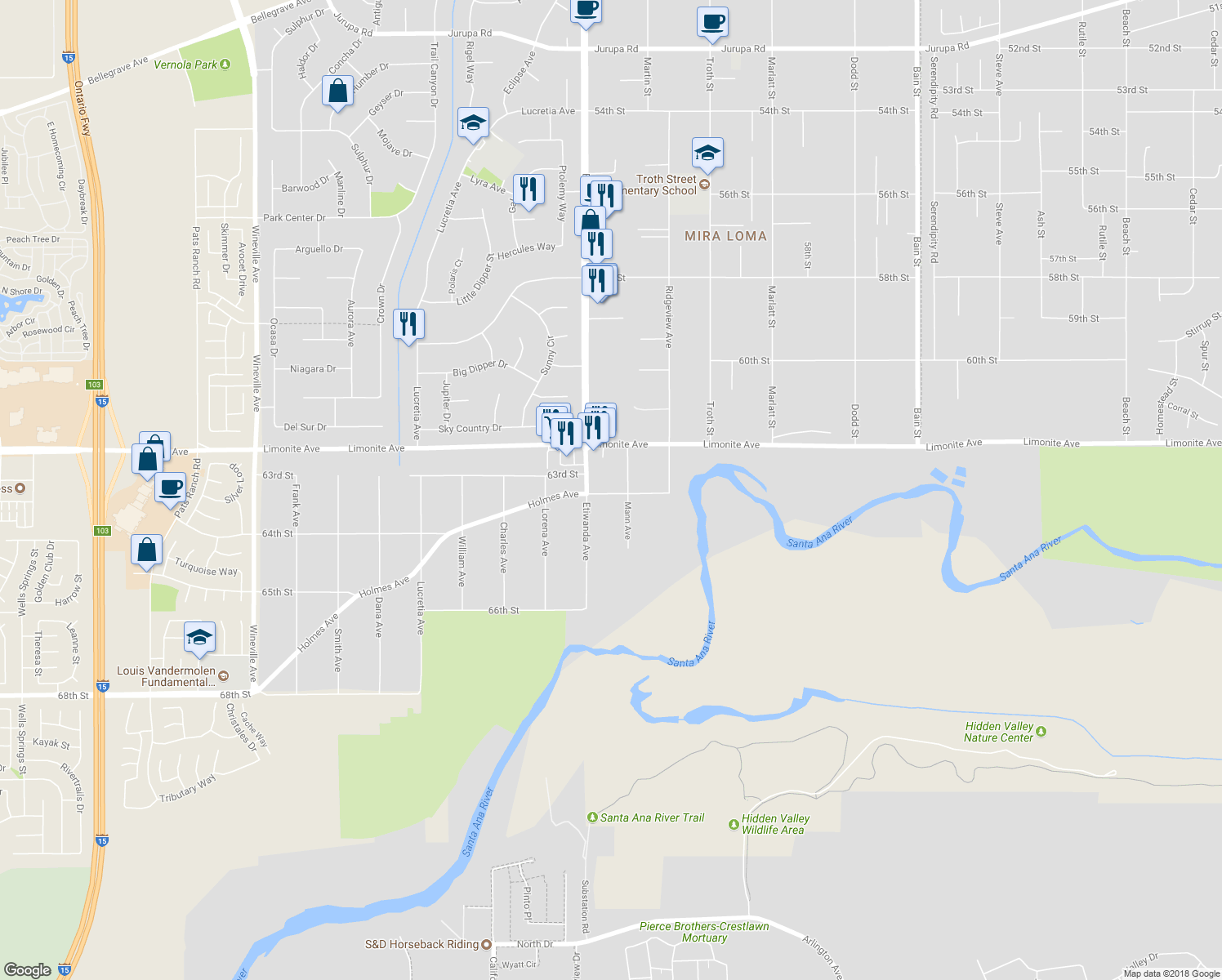 map of restaurants, bars, coffee shops, grocery stores, and more near 10831 Holmes Avenue in Jurupa Valley