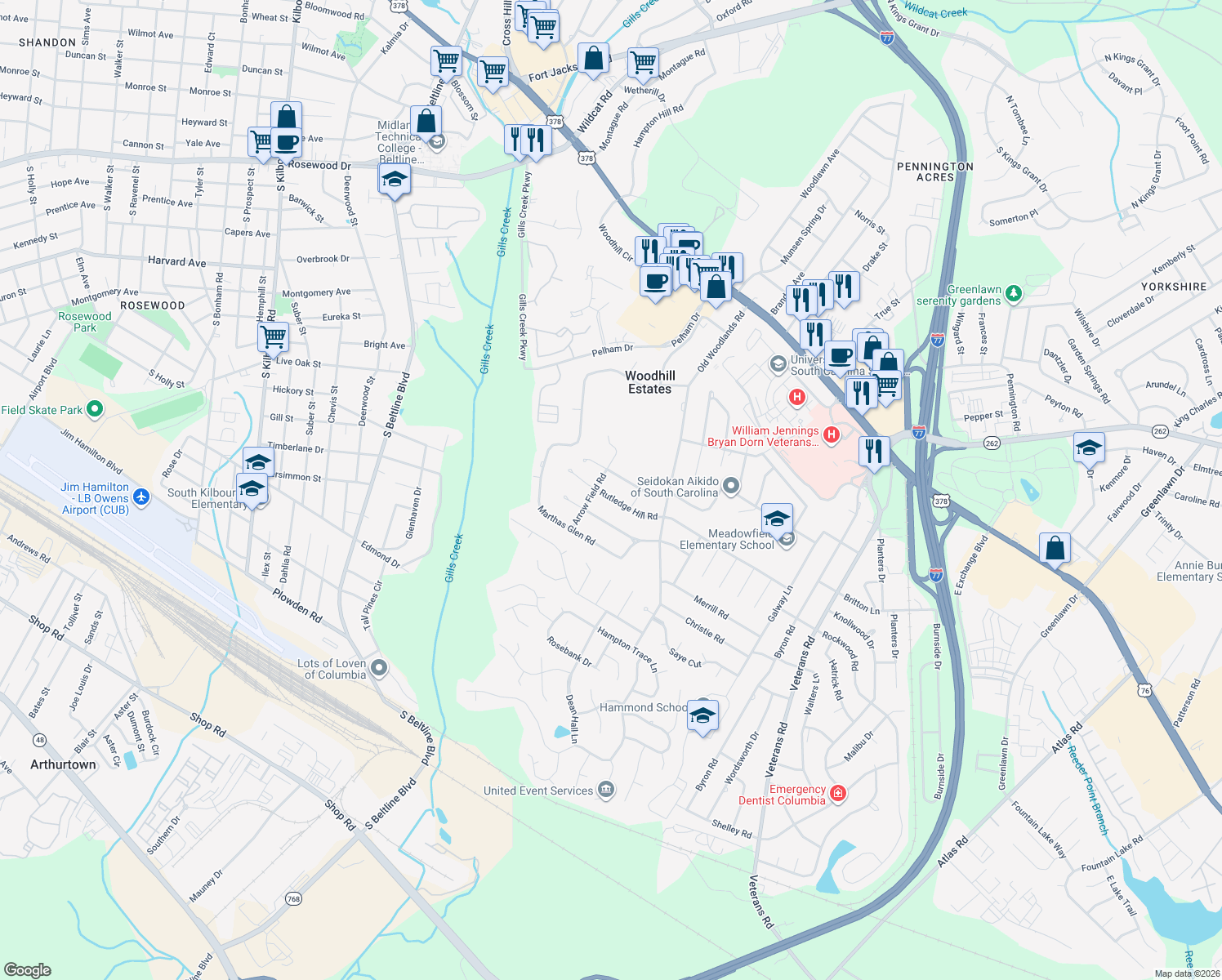 map of restaurants, bars, coffee shops, grocery stores, and more near 6107 Rutledge Hill Road in Columbia