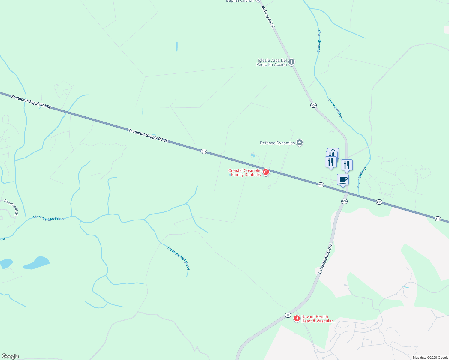 map of restaurants, bars, coffee shops, grocery stores, and more near 2660 Southport-Supply Road Southeast in Bolivia