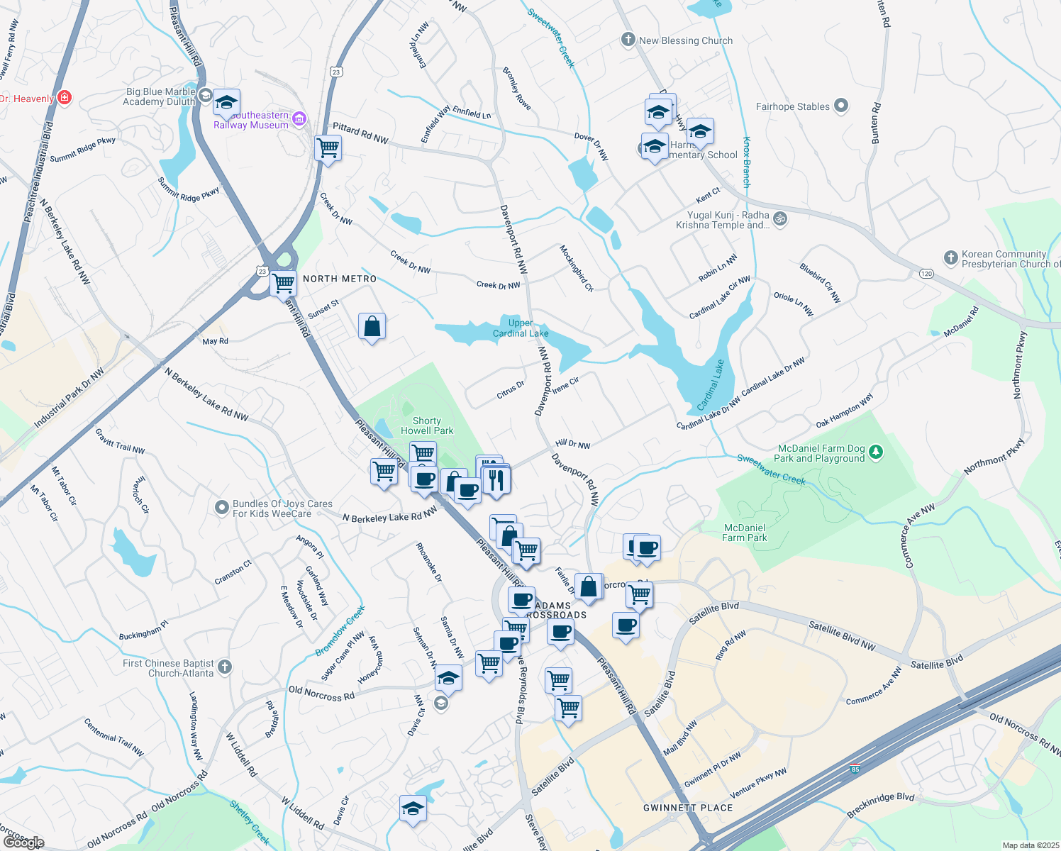 map of restaurants, bars, coffee shops, grocery stores, and more near 2645 Davenport Road Northwest in Duluth