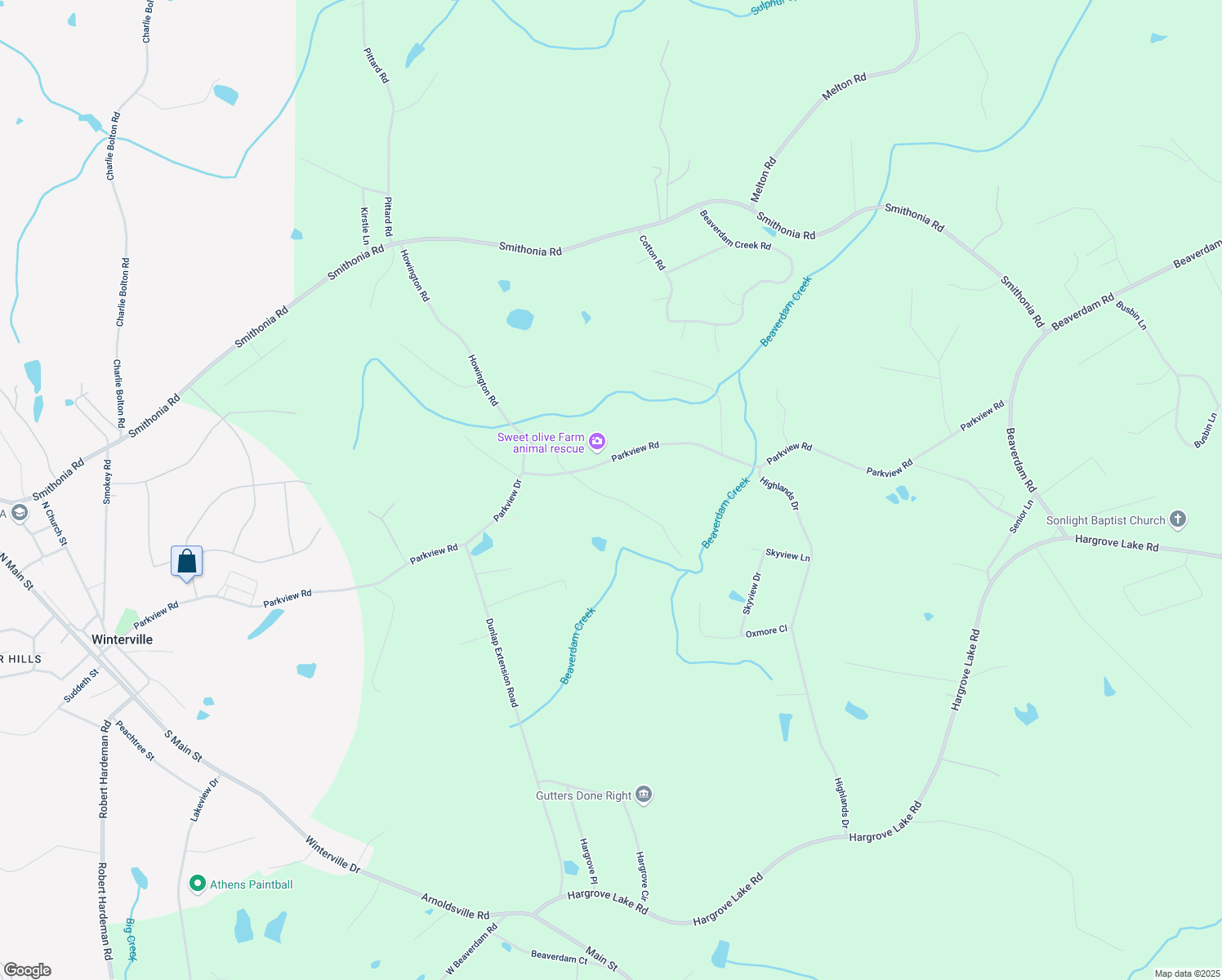 map of restaurants, bars, coffee shops, grocery stores, and more near 25 Will Chambers Road in Winterville