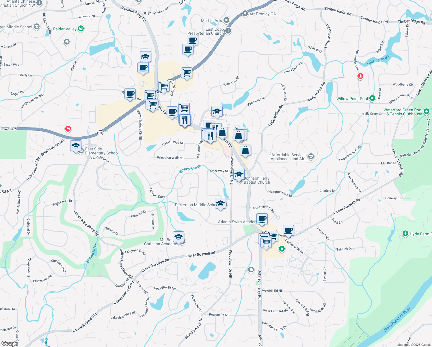 map of restaurants, bars, coffee shops, grocery stores, and more near 958 Otter Way Northeast in Marietta