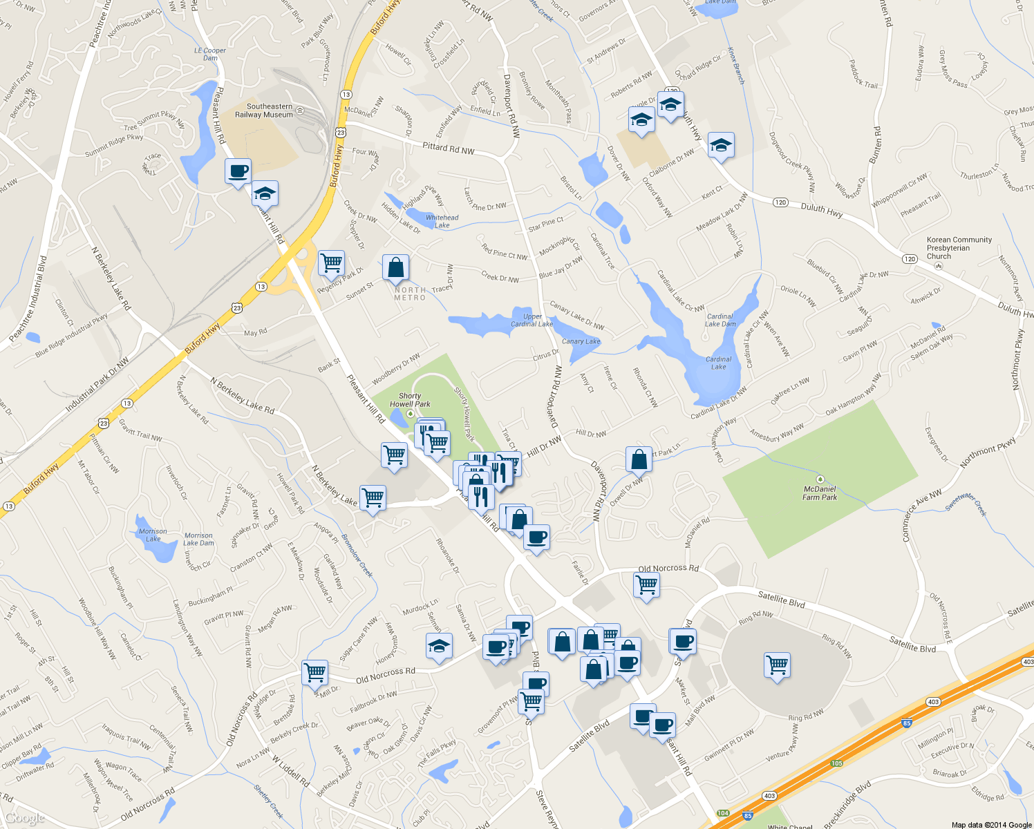 map of restaurants, bars, coffee shops, grocery stores, and more near 3567 Randy Place Northwest in Duluth