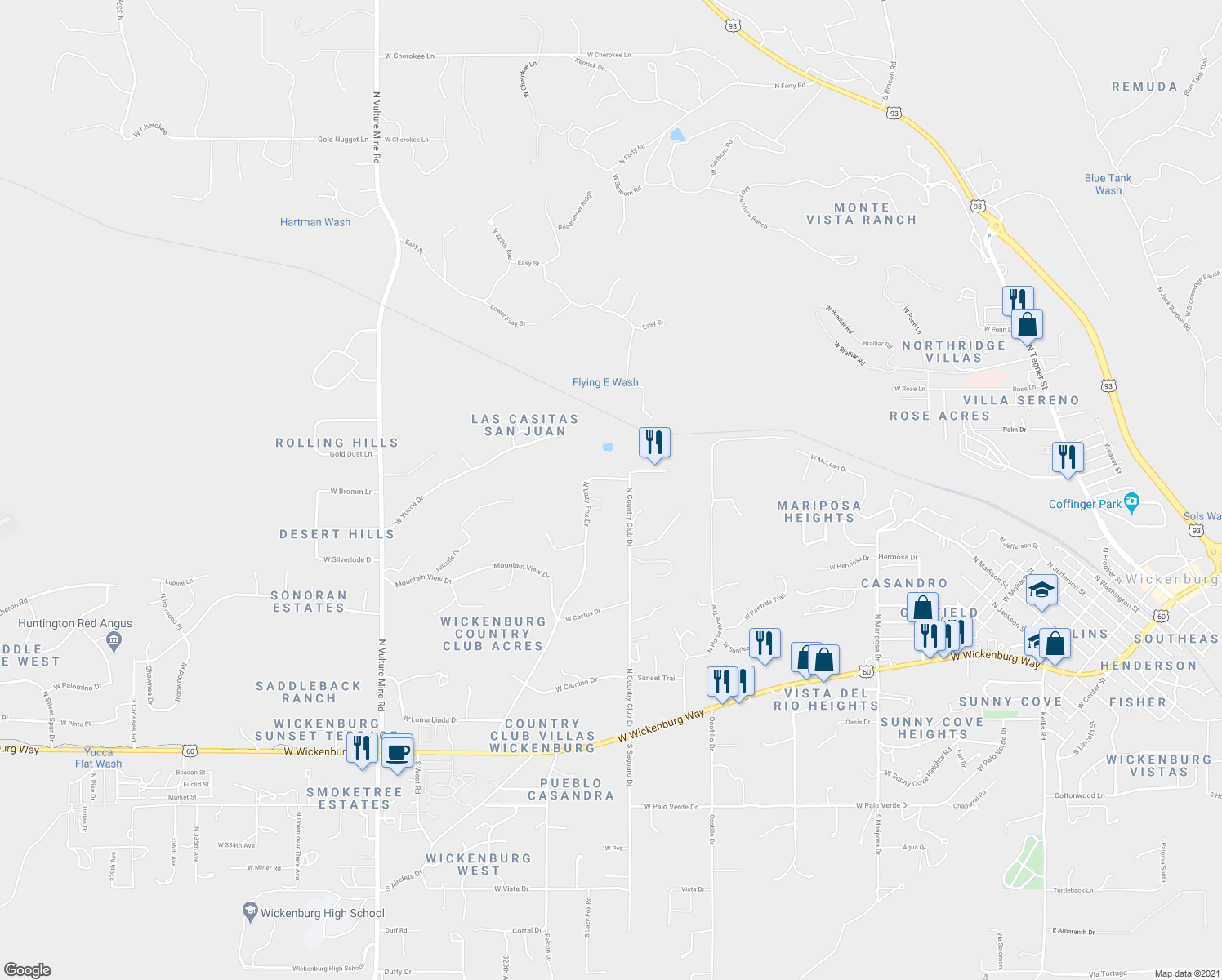 map of restaurants, bars, coffee shops, grocery stores, and more near 1455 North Lazy Fox Drive in Wickenburg