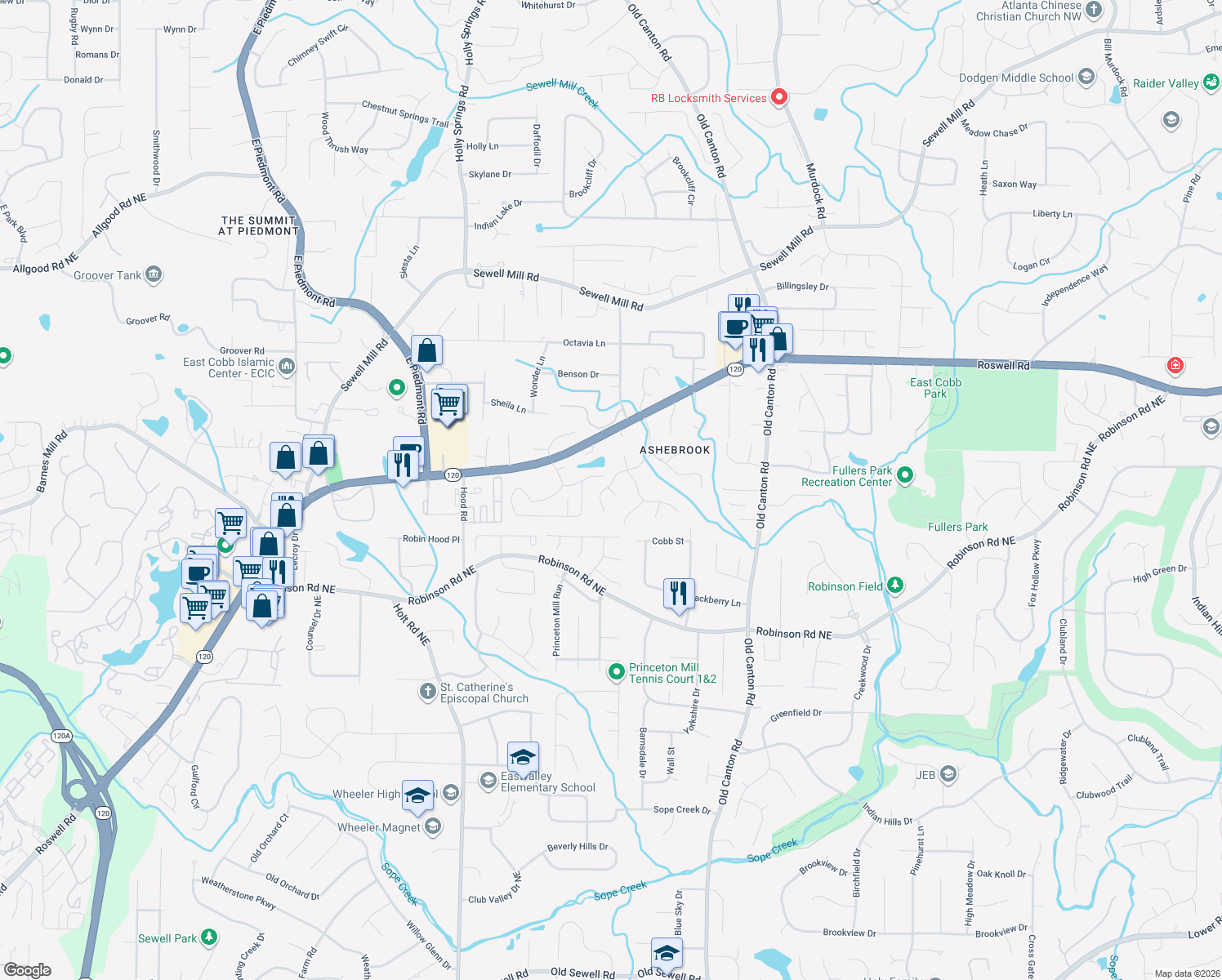 map of restaurants, bars, coffee shops, grocery stores, and more near 980 Ashebrooke Ct NE in Marietta