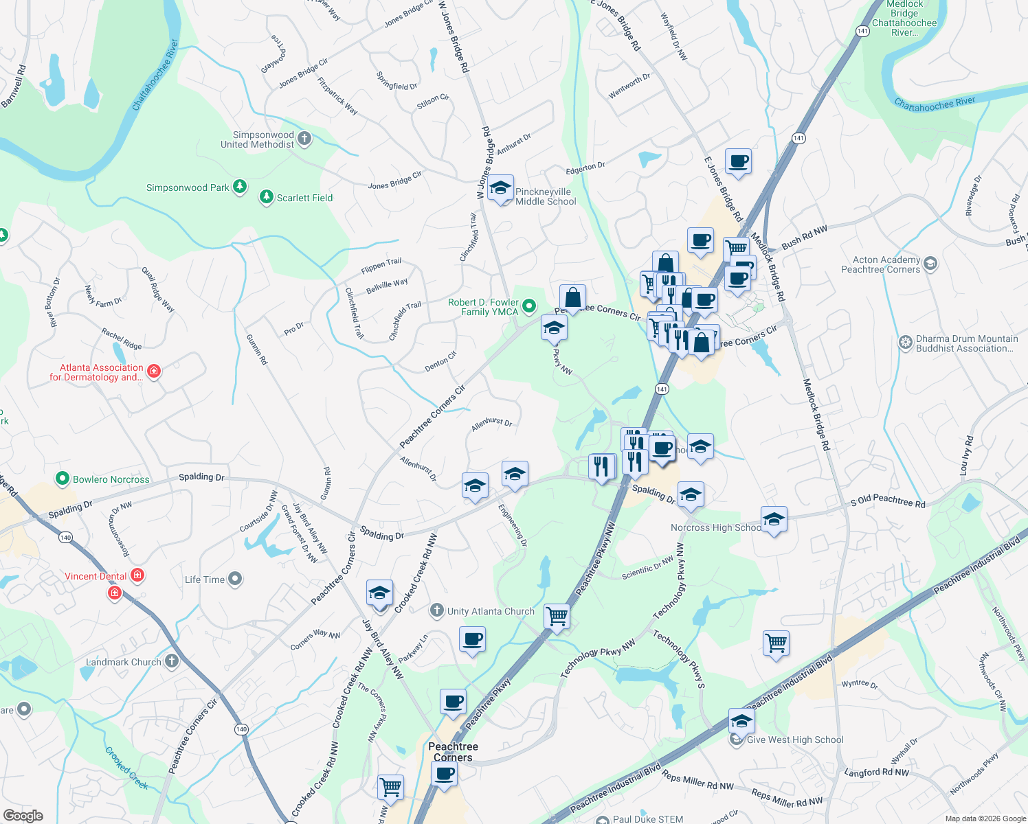 map of restaurants, bars, coffee shops, grocery stores, and more near 3794 High Shoals Drive in Norcross