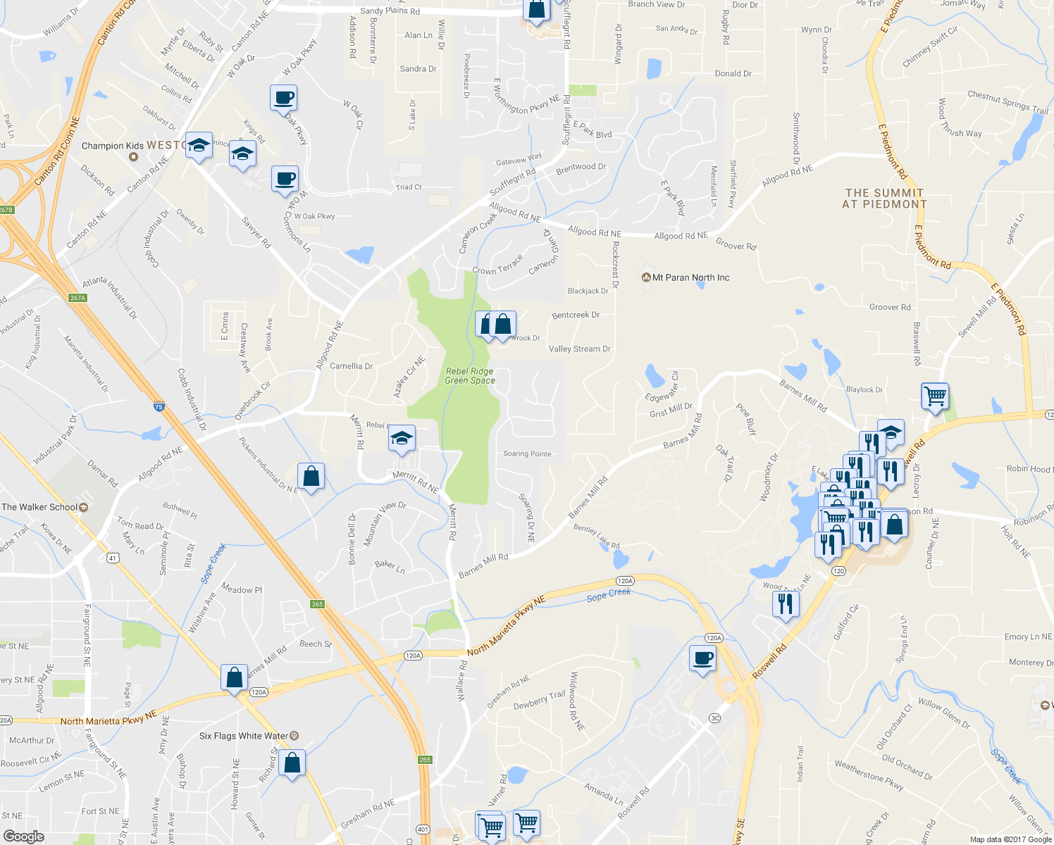 map of restaurants, bars, coffee shops, grocery stores, and more near 1040 Soaring Drive Northeast in Marietta