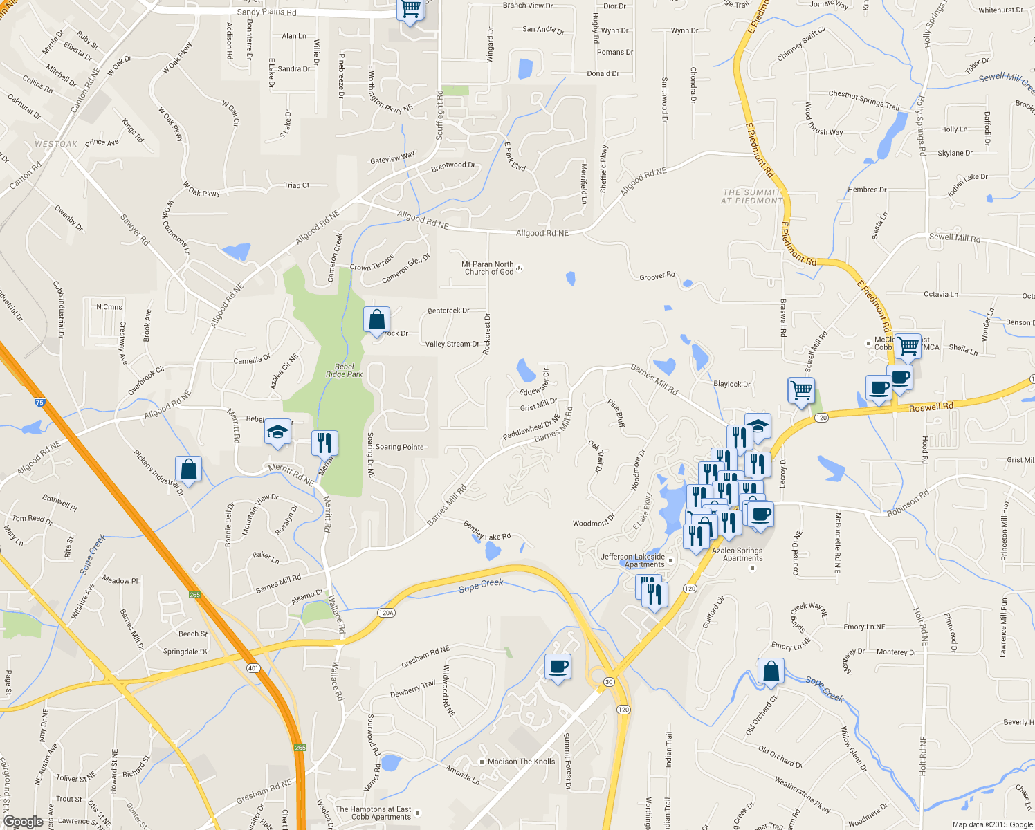 map of restaurants, bars, coffee shops, grocery stores, and more near 1654 Grist Mill Dr in Marietta