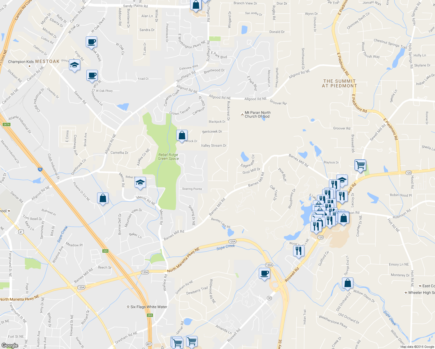 map of restaurants, bars, coffee shops, grocery stores, and more near 938 Rockcrest Court in Marietta