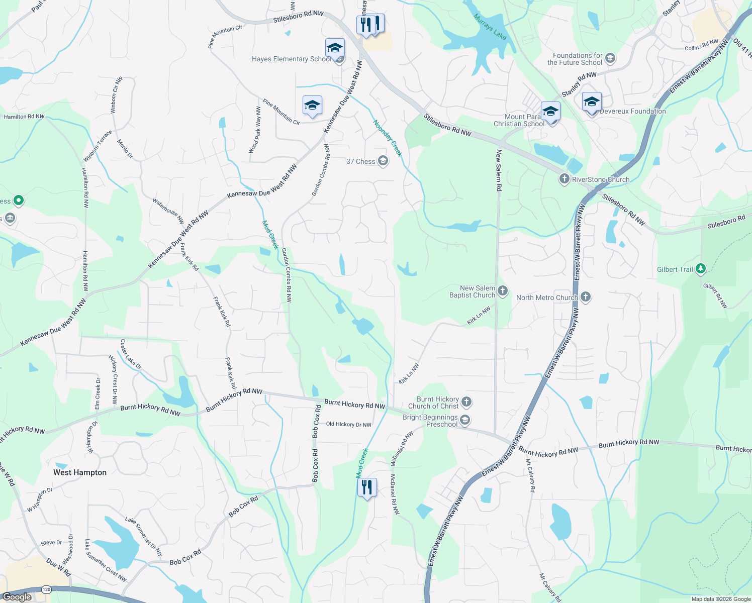 map of restaurants, bars, coffee shops, grocery stores, and more near 2741 Tarpley Place Northwest in Kennesaw