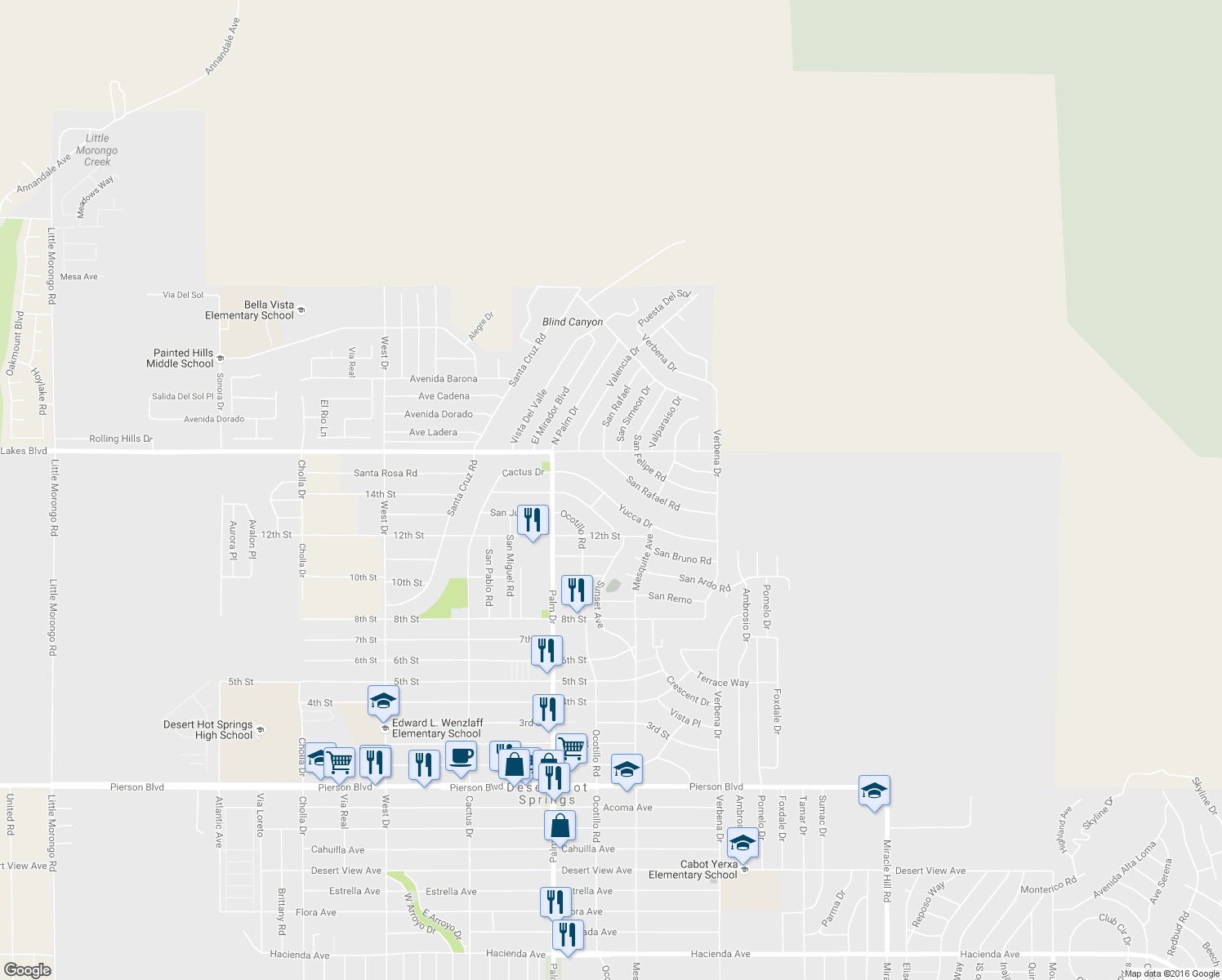 map of restaurants, bars, coffee shops, grocery stores, and more near 66640 Yucca Drive in Desert Hot Springs