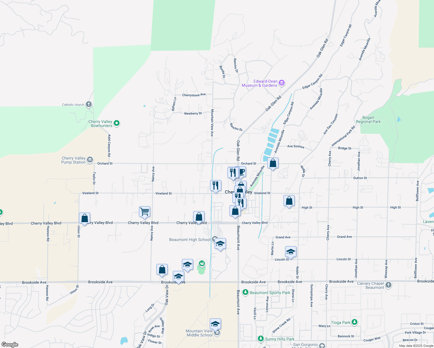 map of restaurants, bars, coffee shops, grocery stores, and more near 39045 Orchard Street in Cherry Valley
