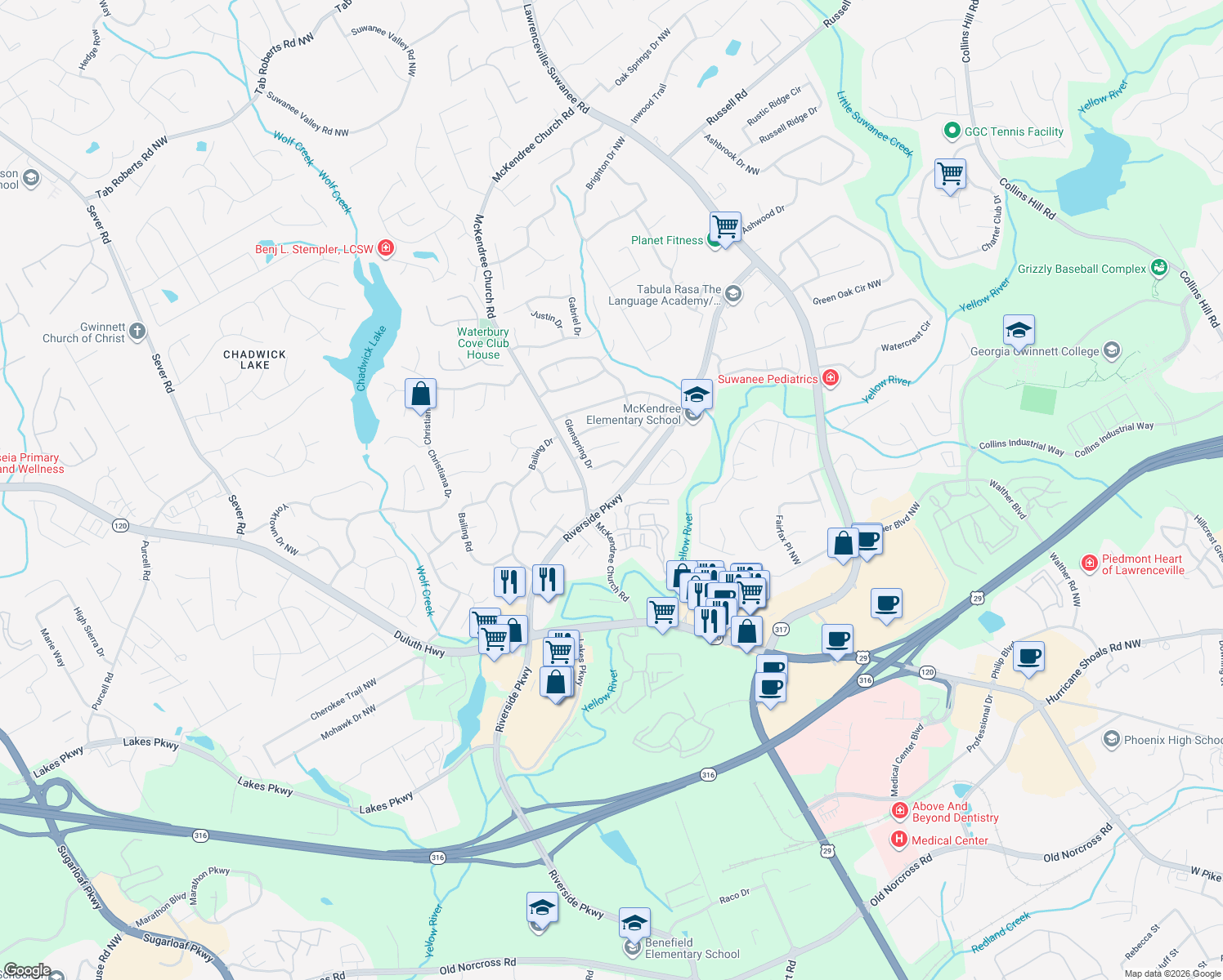 map of restaurants, bars, coffee shops, grocery stores, and more near 860 Trellis Pond Ct in Lawrenceville