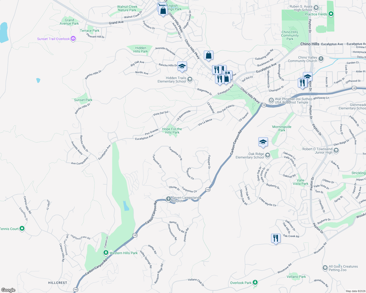 map of restaurants, bars, coffee shops, grocery stores, and more near 15337 Cinnabar Court in Chino Hills