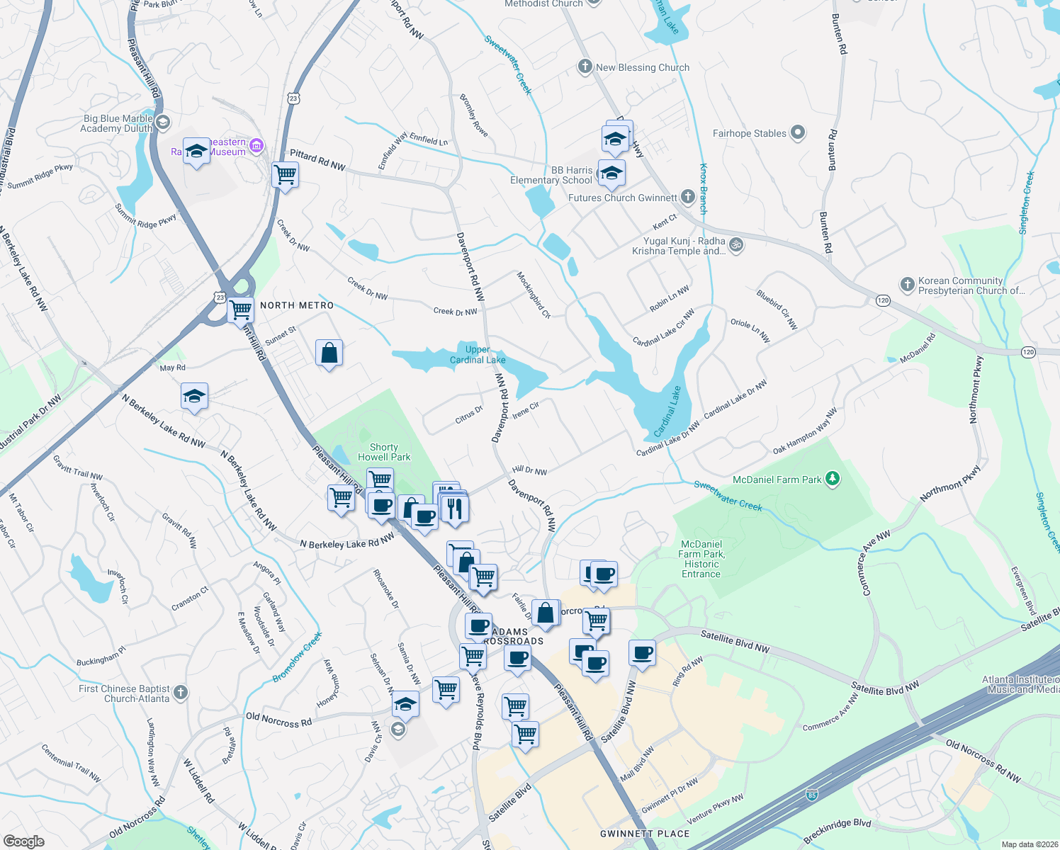 map of restaurants, bars, coffee shops, grocery stores, and more near 2653 Amy Court in Duluth