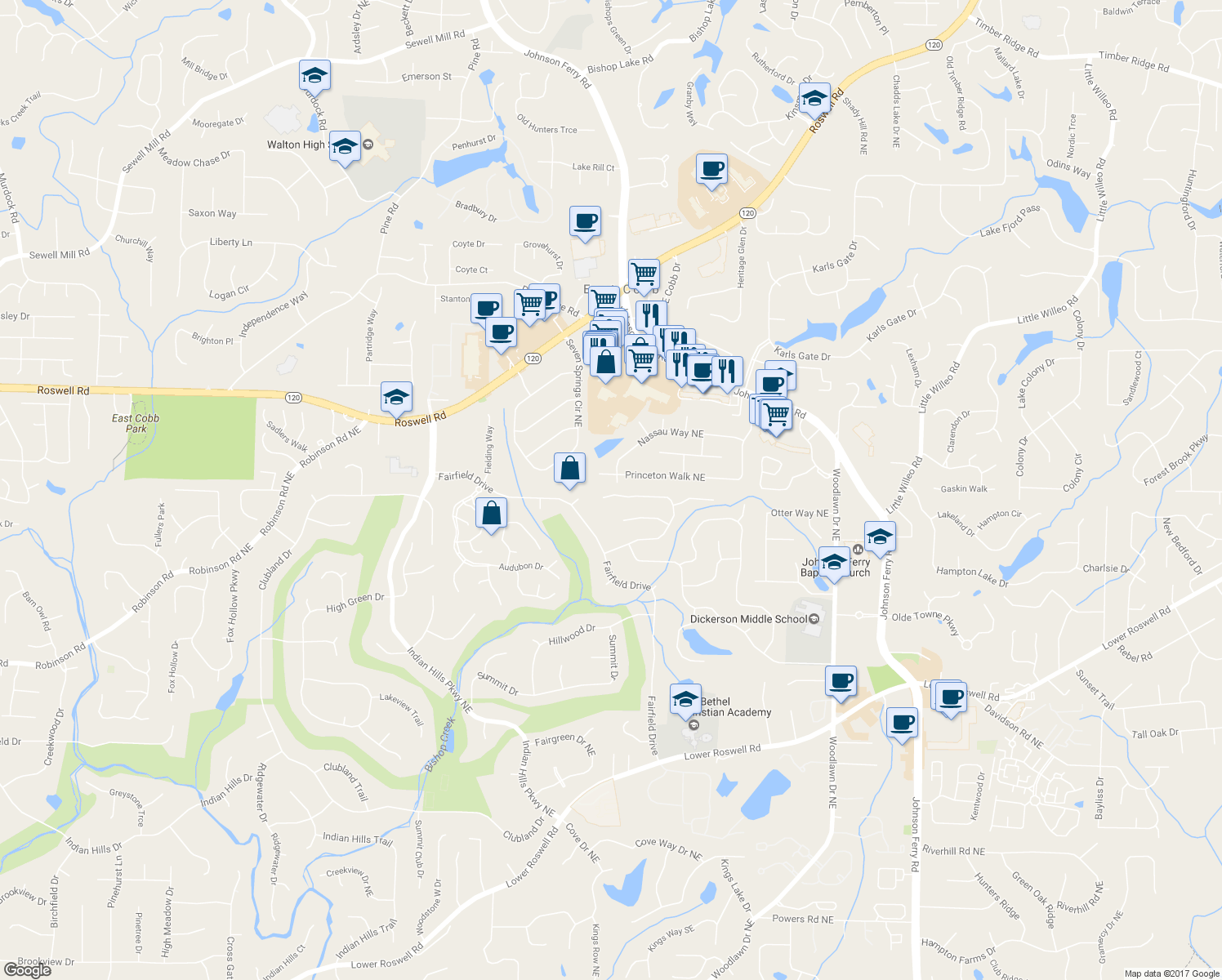 map of restaurants, bars, coffee shops, grocery stores, and more near 4520 Hampton Woods Drive Northeast in Marietta